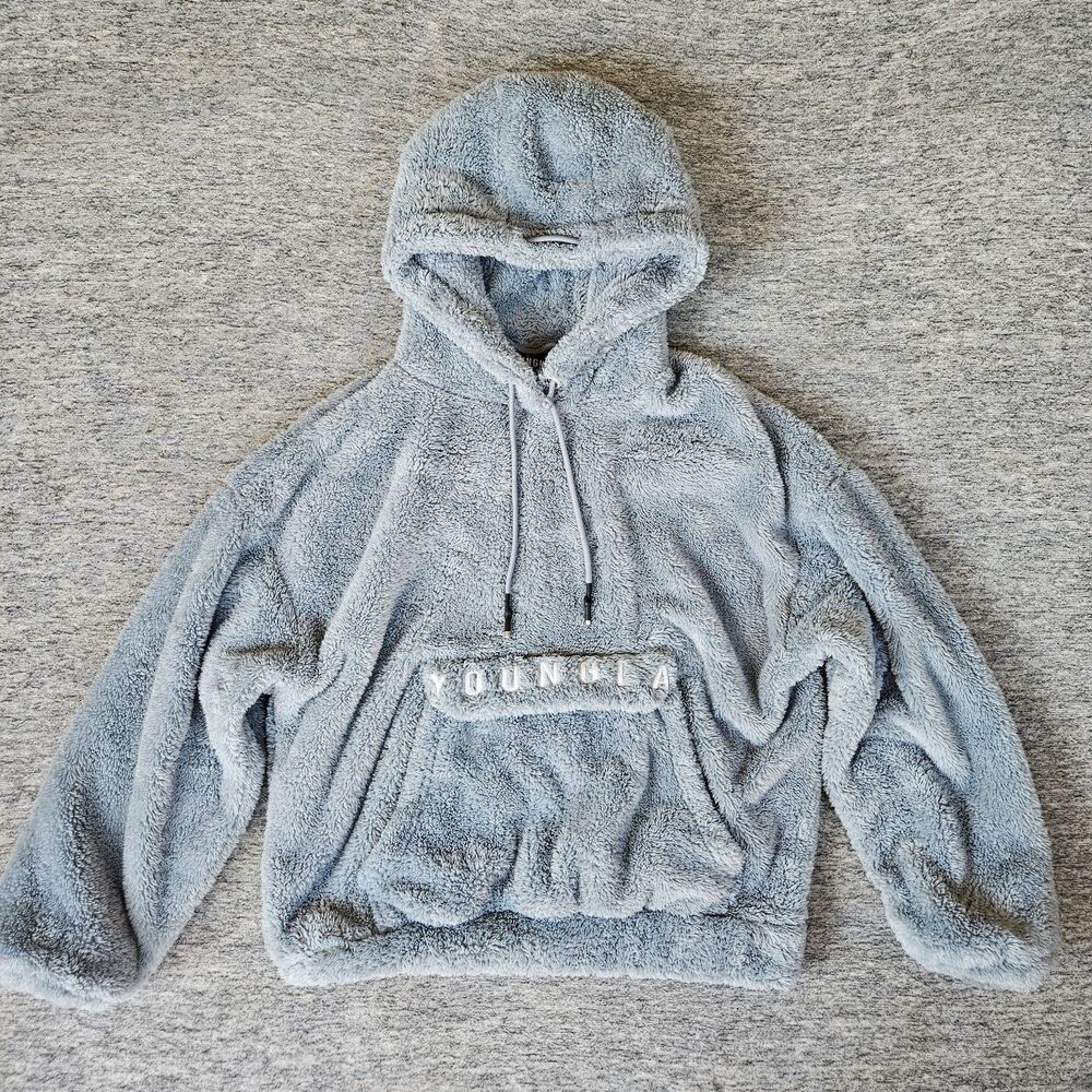 YoungLA Men's Medium Light Blue Pullover Kangaroo Pocket Teddy Fleece Hoodie